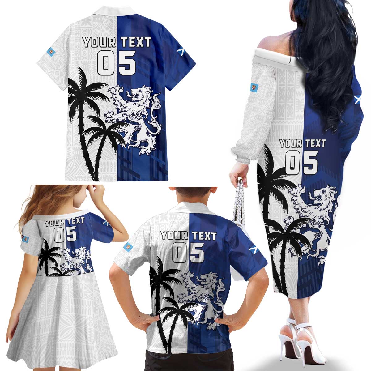 Fiji And Scotland Rugby Custom Family Matching Off The Shoulder Long Sleeve Dress and Hawaiian Shirt Fijian Palm Tree With Thistle Together