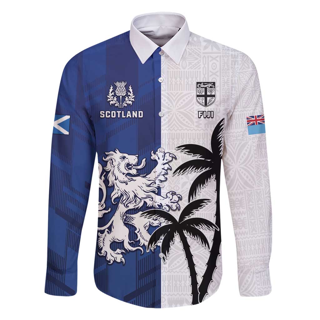 Fiji And Scotland Rugby Custom Family Matching Off Shoulder Short Dress and Hawaiian Shirt Fijian Palm Tree With Thistle Together LT05 Dad's Shirt - Long Sleeve Blue - Polynesian Pride