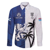 Fiji And Scotland Rugby Custom Family Matching Off Shoulder Short Dress and Hawaiian Shirt Fijian Palm Tree With Thistle Together LT05 Dad's Shirt - Long Sleeve Blue - Polynesian Pride