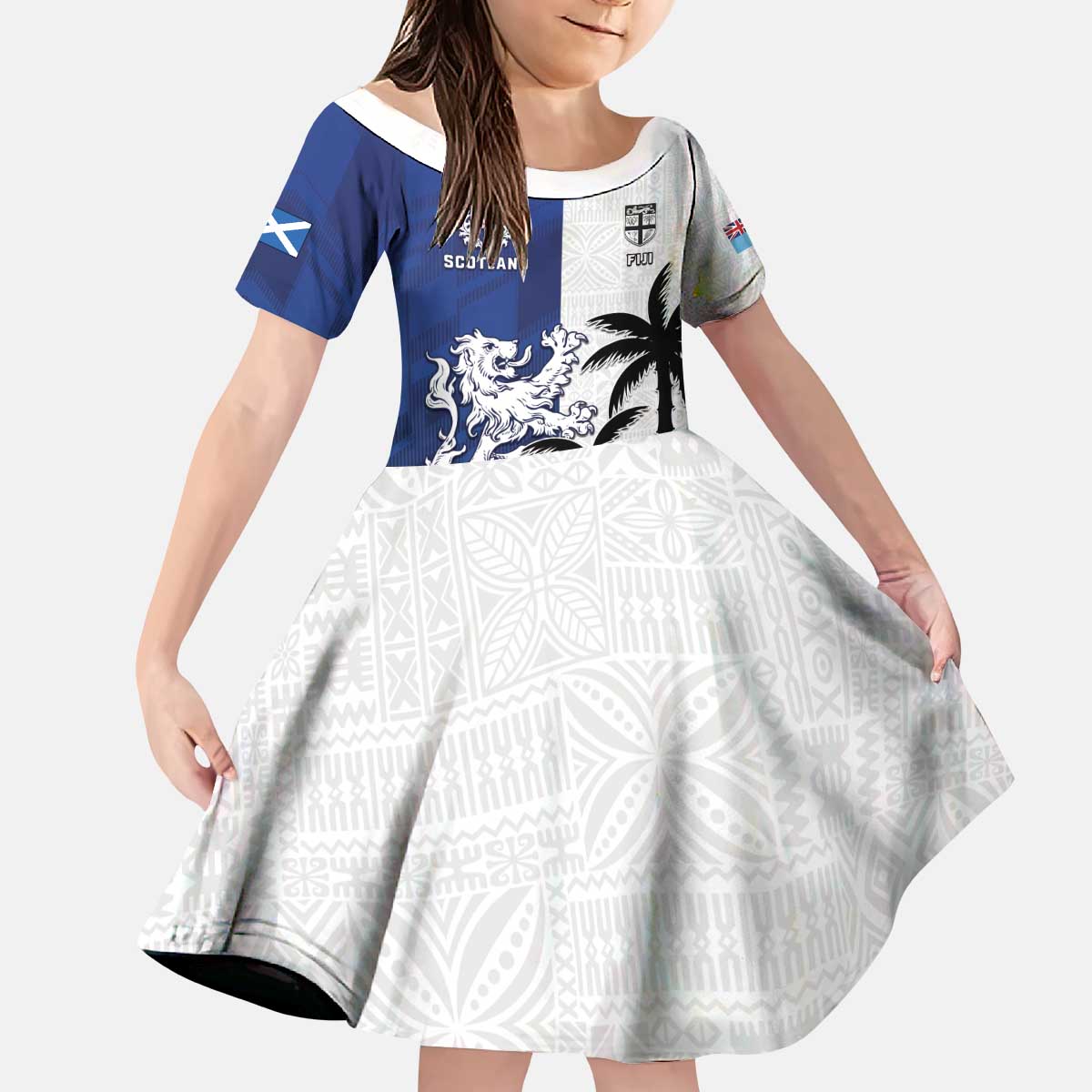 Fiji And Scotland Rugby Custom Kid Short Sleeve Dress Fijian Palm Tree With Thistle Together