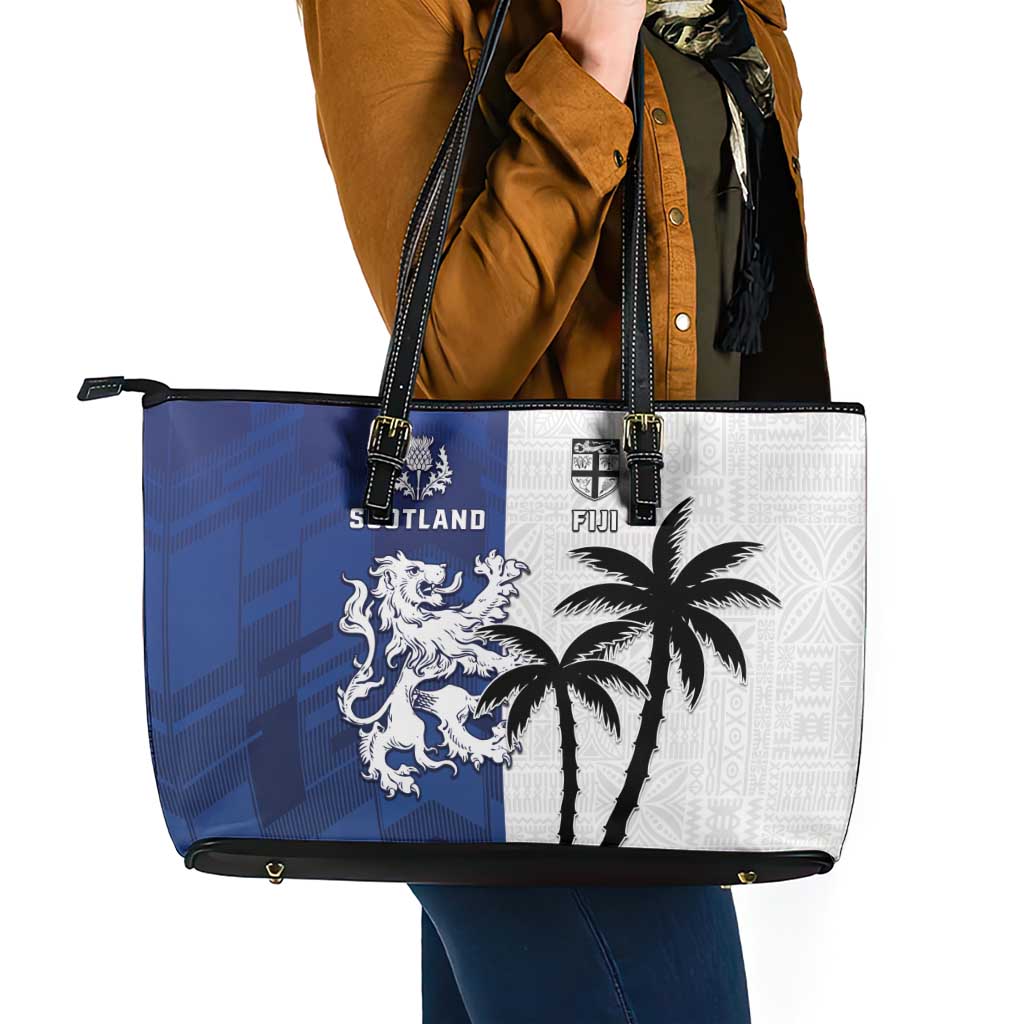 Fiji And Scotland Rugby Leather Tote Bag Fijian Palm Tree With Thistle Together
