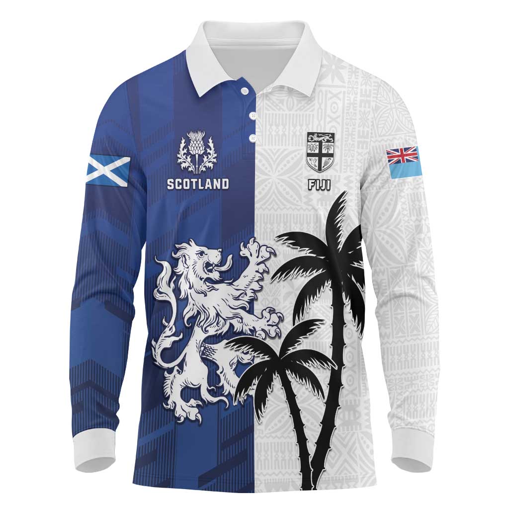 Fiji And Scotland Rugby Custom Long Sleeve Polo Shirt Fijian Palm Tree With Thistle Together