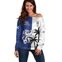 Fiji And Scotland Rugby Custom Off Shoulder Sweater Fijian Palm Tree With Thistle Together LT05 Women Blue - Polynesian Pride