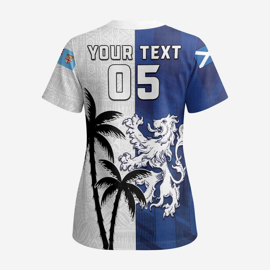 Fiji And Scotland Rugby Custom Scrub Top Fijian Palm Tree With Thistle Together - Polynesian Pride