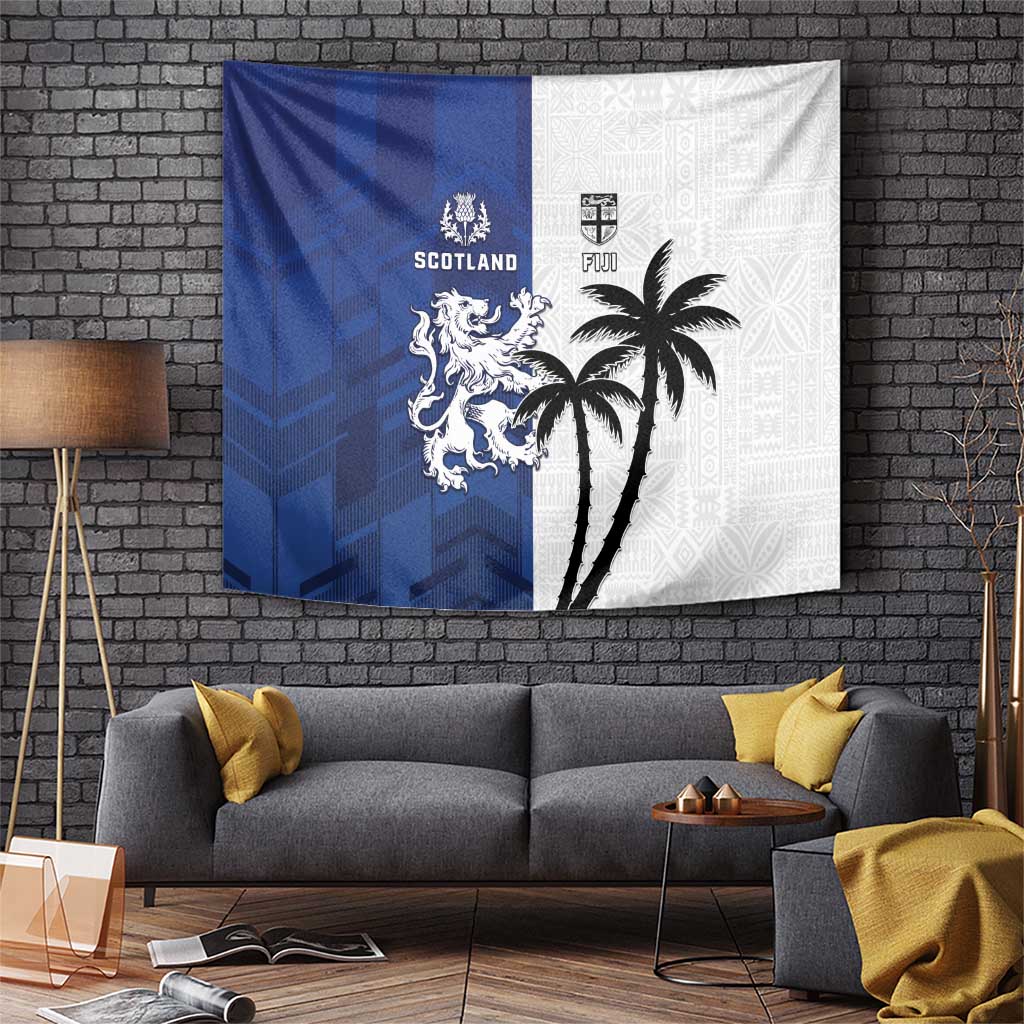 Fiji And Scotland Rugby Tapestry Fijian Palm Tree With Thistle Together