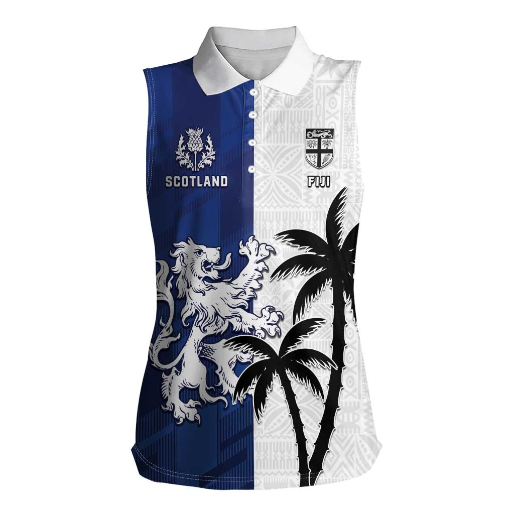 Fiji And Scotland Rugby Custom Women Sleeveless Polo Shirt Fijian Palm Tree With Thistle Together