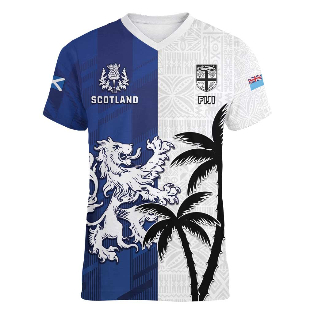 Fiji And Scotland Rugby Custom Women V-Neck T-Shirt Fijian Palm Tree With Thistle Together