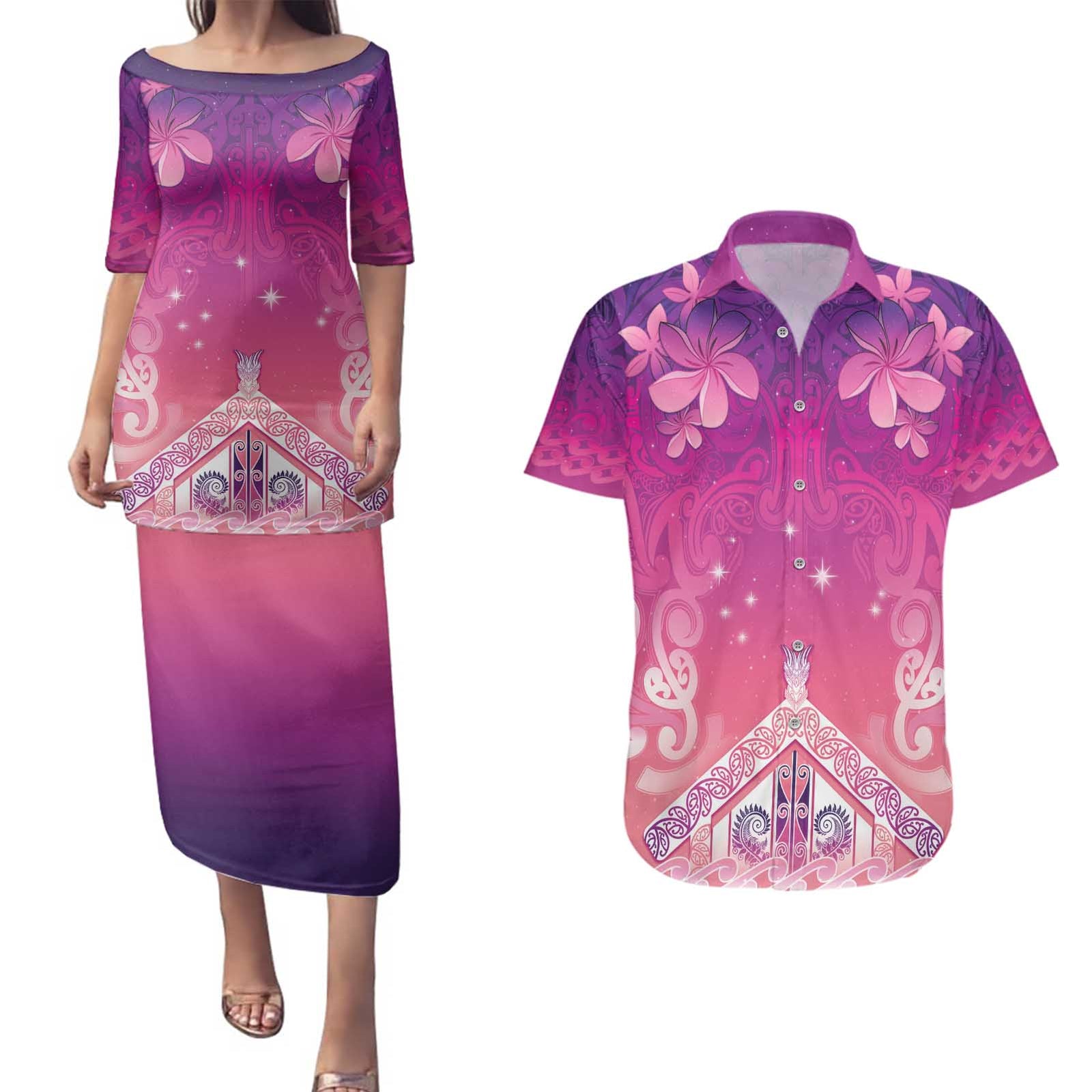 New Zealand Matariki Couples Matching Puletasi and Hawaiian Shirt Maori Marae Purple Galaxy