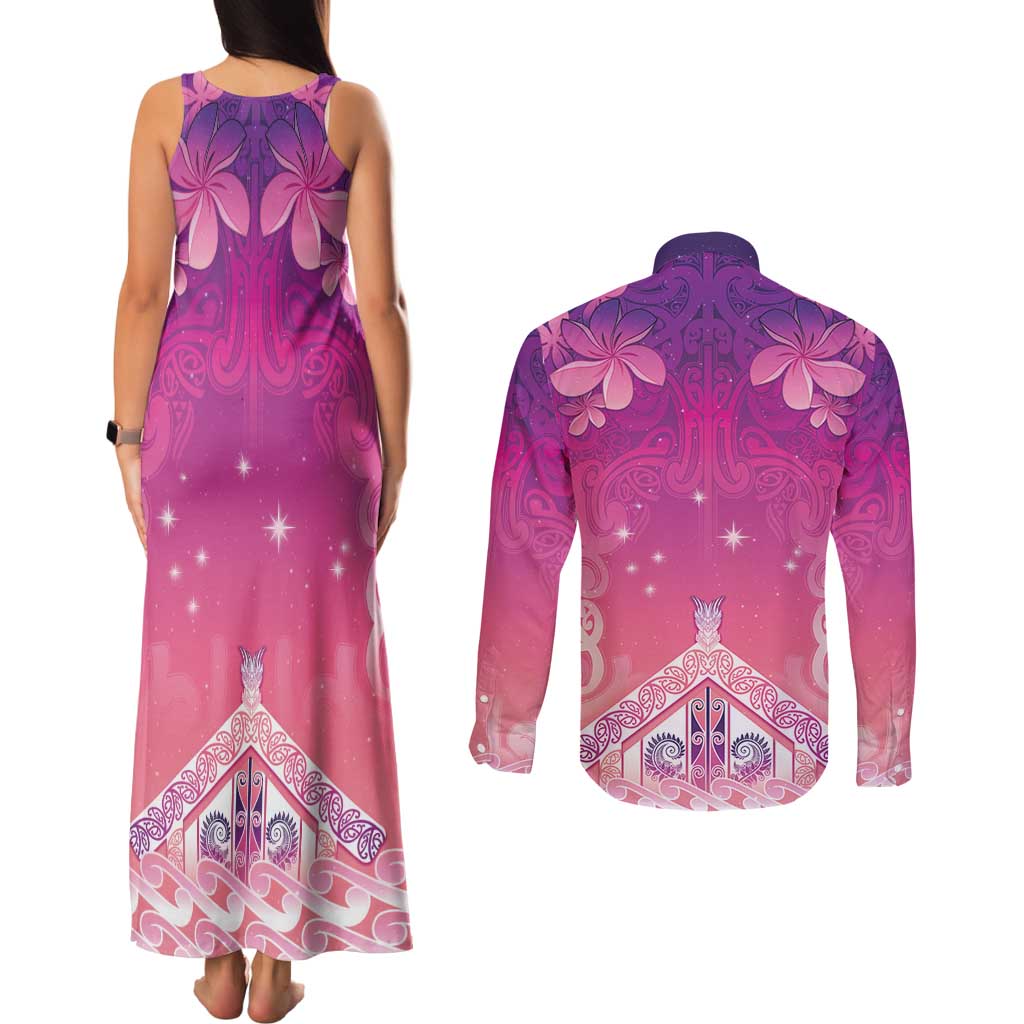 New Zealand Matariki Couples Matching Tank Maxi Dress and Long Sleeve Button Shirt Maori Marae Purple Galaxy