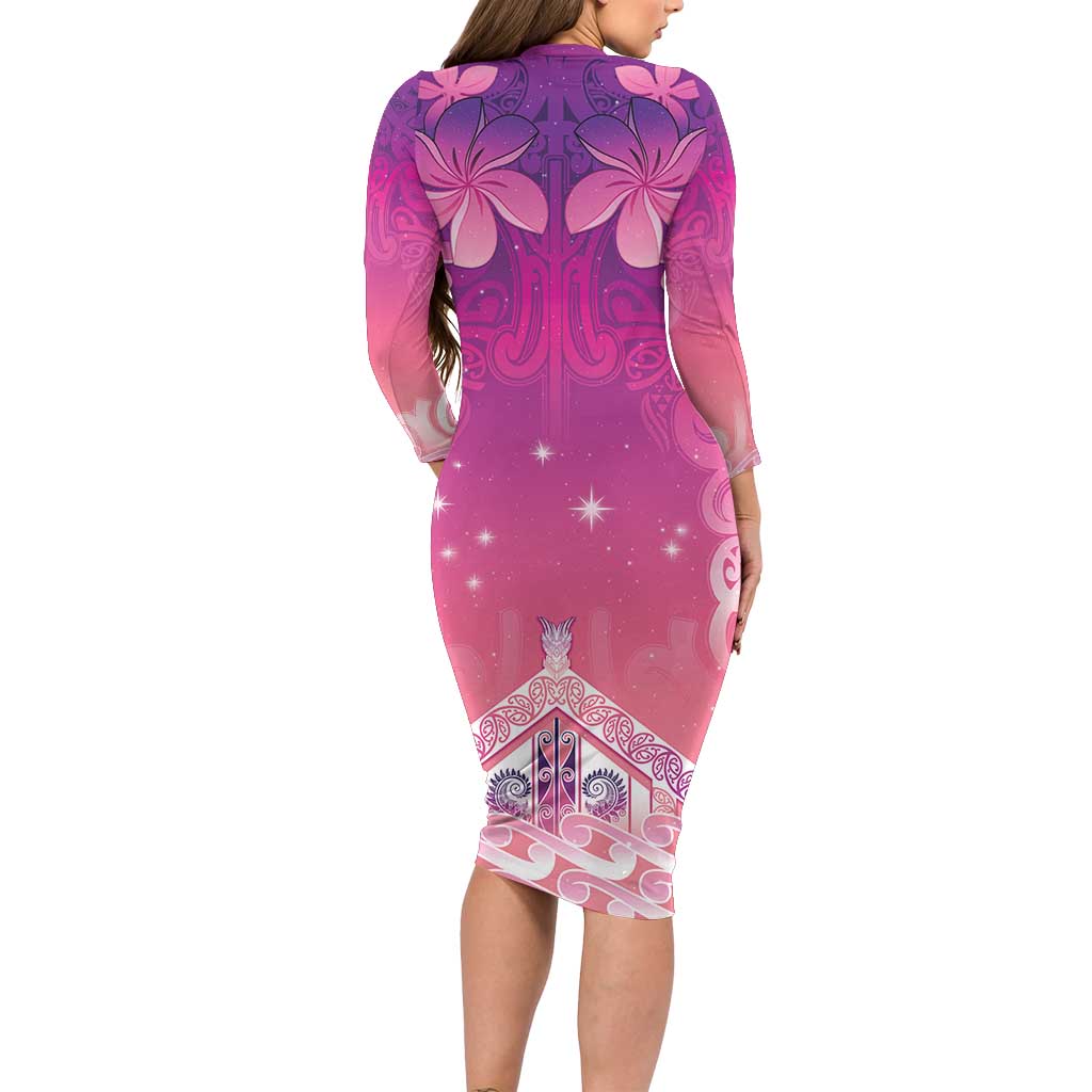 New Zealand Matariki Family Matching Long Sleeve Bodycon Dress and Hawaiian Shirt Maori Marae Purple Galaxy