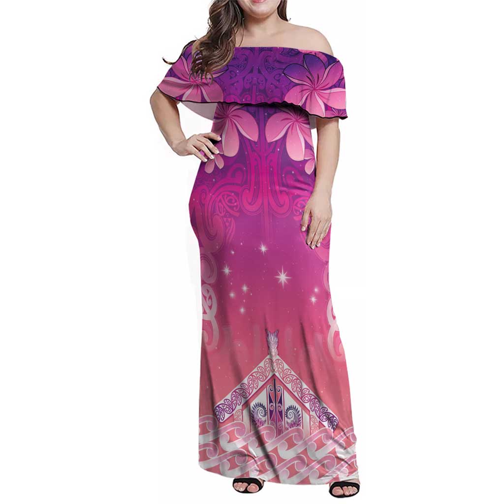 New Zealand Matariki Family Matching Off Shoulder Maxi Dress and Hawaiian Shirt Maori Marae Purple Galaxy
