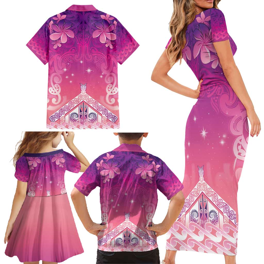 New Zealand Matariki Family Matching Short Sleeve Bodycon Dress and Hawaiian Shirt Maori Marae Purple Galaxy