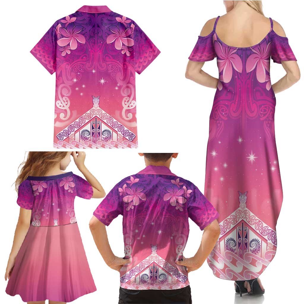 New Zealand Matariki Family Matching Summer Maxi Dress and Hawaiian Shirt Maori Marae Purple Galaxy