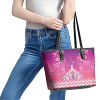 New Zealand Matariki Leather Tote Bag Maori Marae Purple Galaxy