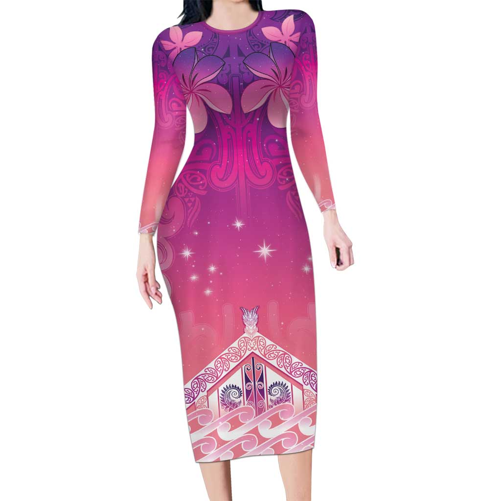 New Zealand Matariki Long Sleeve Bodycon Dress Maori Marae Purple Galaxy