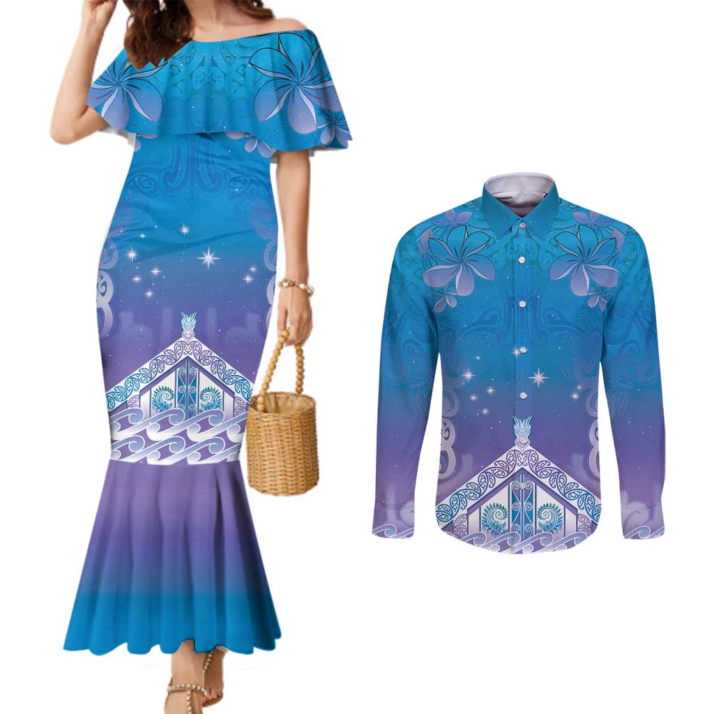 New Zealand Matariki Couples Matching Mermaid Dress and Long Sleeve Button Shirt Maori Marae Cyan Galaxy