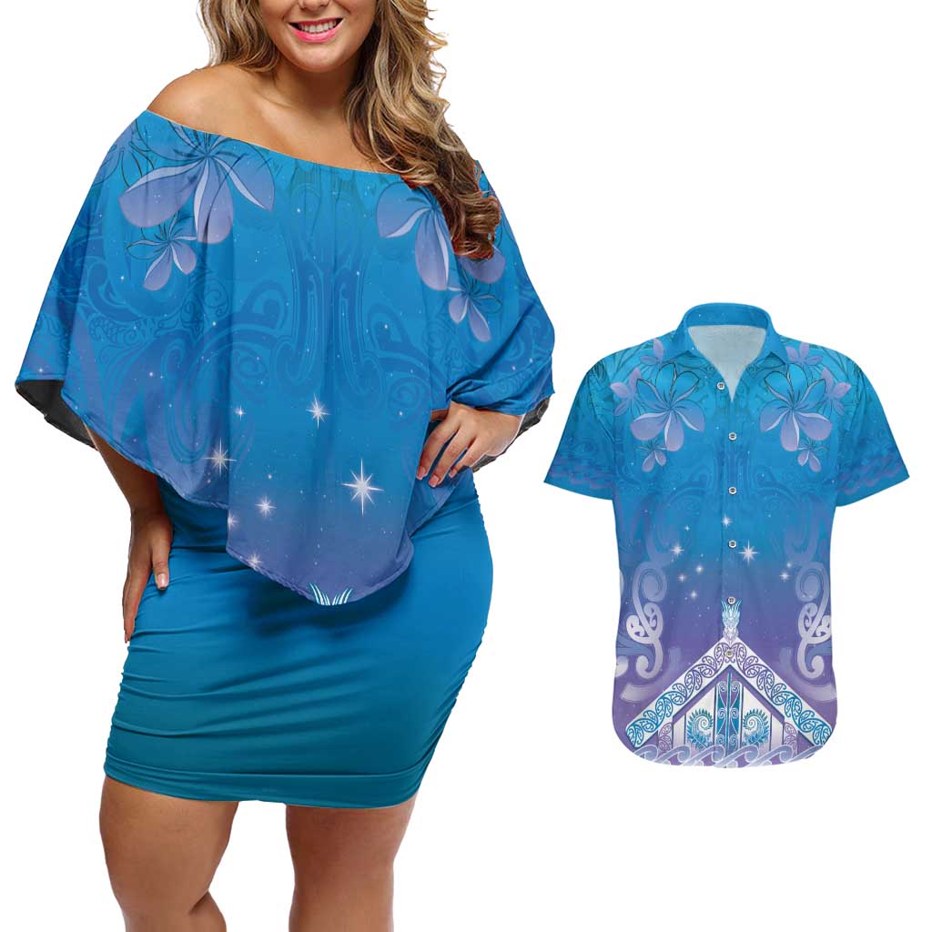 New Zealand Matariki Couples Matching Off Shoulder Short Dress and Hawaiian Shirt Maori Marae Cyan Galaxy