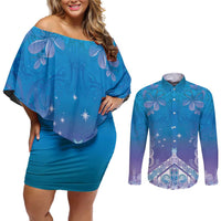 New Zealand Matariki Couples Matching Off Shoulder Short Dress and Long Sleeve Button Shirt Maori Marae Cyan Galaxy