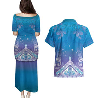 New Zealand Matariki Couples Matching Puletasi and Hawaiian Shirt Maori Marae Cyan Galaxy