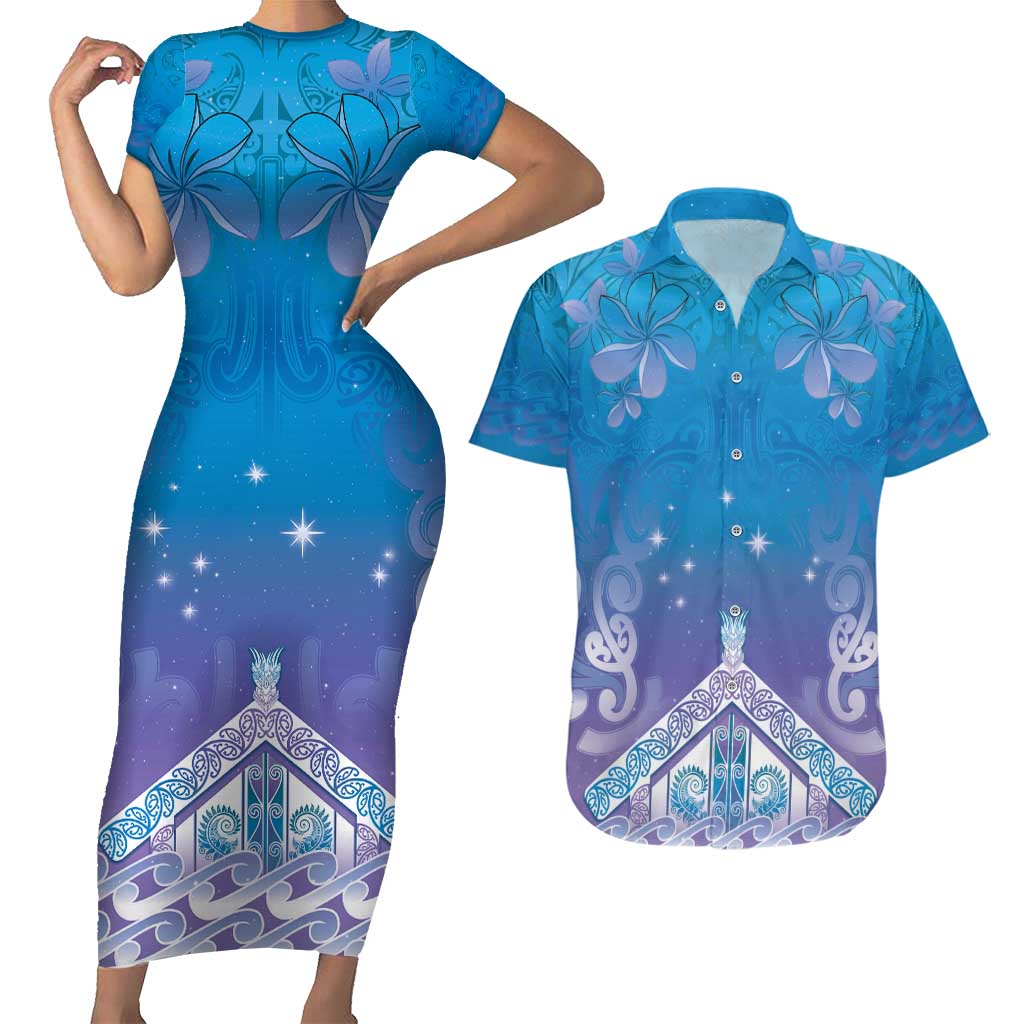 New Zealand Matariki Couples Matching Short Sleeve Bodycon Dress and Hawaiian Shirt Maori Marae Cyan Galaxy