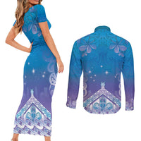 New Zealand Matariki Couples Matching Short Sleeve Bodycon Dress and Long Sleeve Button Shirt Maori Marae Cyan Galaxy