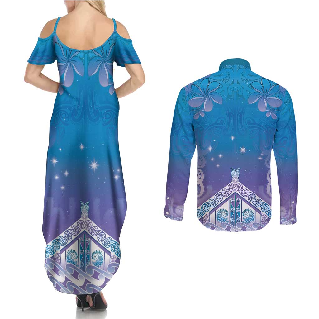 New Zealand Matariki Couples Matching Summer Maxi Dress and Long Sleeve Button Shirt Maori Marae Cyan Galaxy