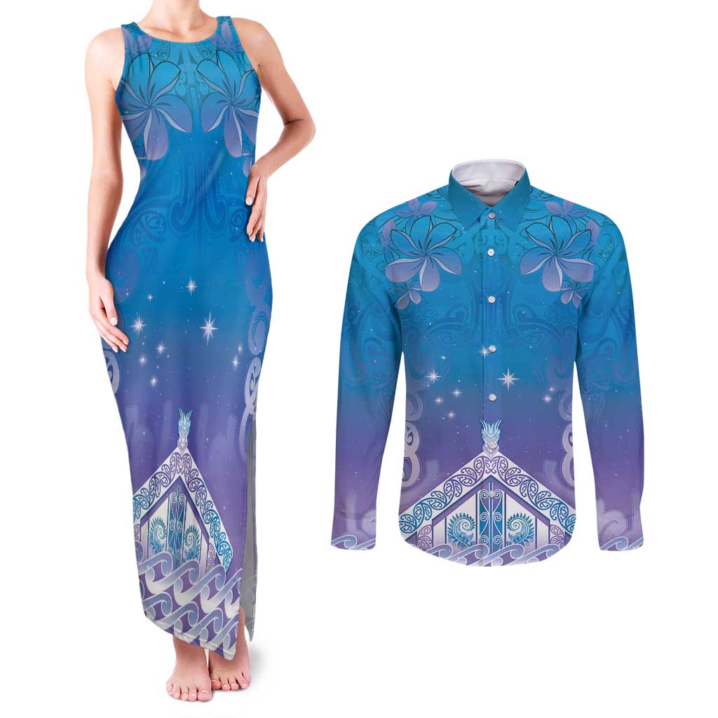 New Zealand Matariki Couples Matching Tank Maxi Dress and Long Sleeve Button Shirt Maori Marae Cyan Galaxy
