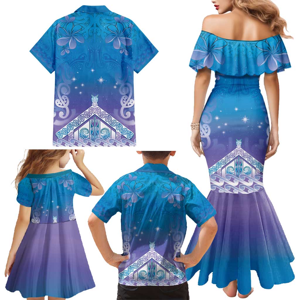 New Zealand Matariki Family Matching Mermaid Dress and Hawaiian Shirt Maori Marae Cyan Galaxy
