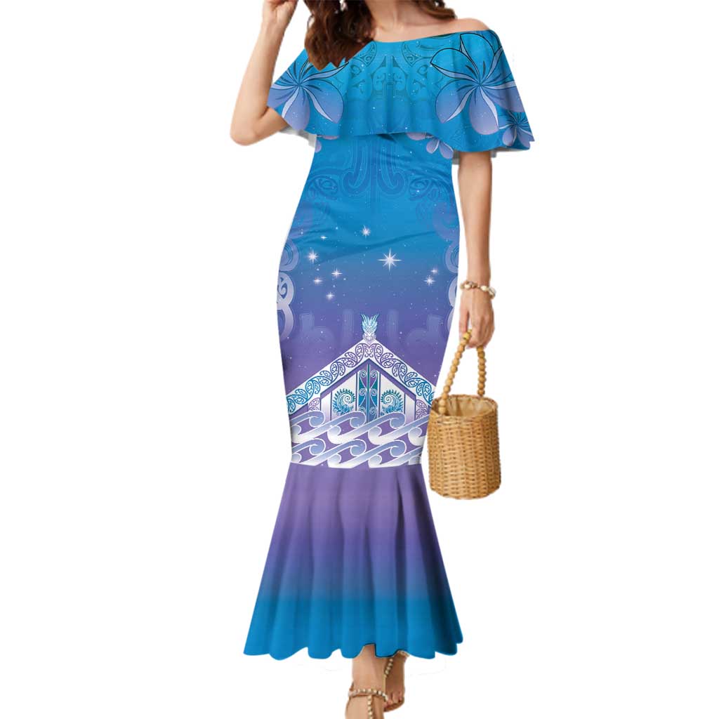 New Zealand Matariki Family Matching Mermaid Dress and Hawaiian Shirt Maori Marae Cyan Galaxy