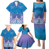 New Zealand Matariki Family Matching Puletasi and Hawaiian Shirt Maori Marae Cyan Galaxy