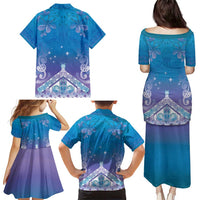 New Zealand Matariki Family Matching Puletasi and Hawaiian Shirt Maori Marae Cyan Galaxy