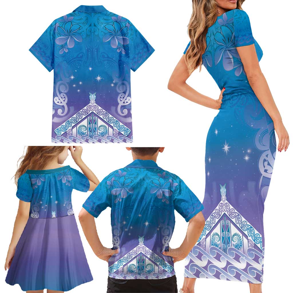 New Zealand Matariki Family Matching Short Sleeve Bodycon Dress and Hawaiian Shirt Maori Marae Cyan Galaxy