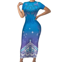 New Zealand Matariki Family Matching Short Sleeve Bodycon Dress and Hawaiian Shirt Maori Marae Cyan Galaxy