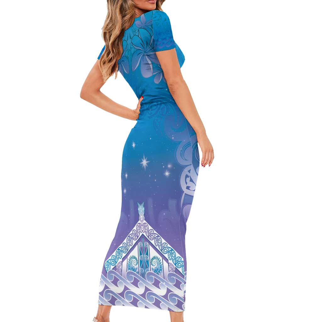 New Zealand Matariki Family Matching Short Sleeve Bodycon Dress and Hawaiian Shirt Maori Marae Cyan Galaxy