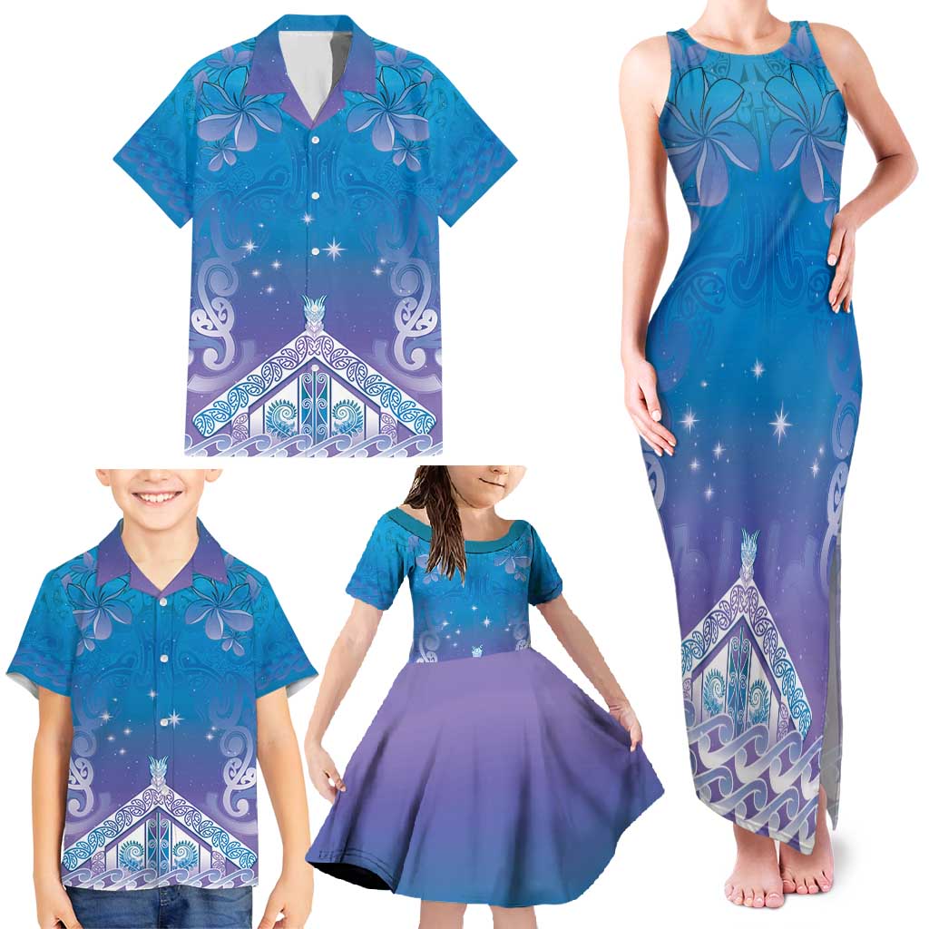 New Zealand Matariki Family Matching Tank Maxi Dress and Hawaiian Shirt Maori Marae Cyan Galaxy