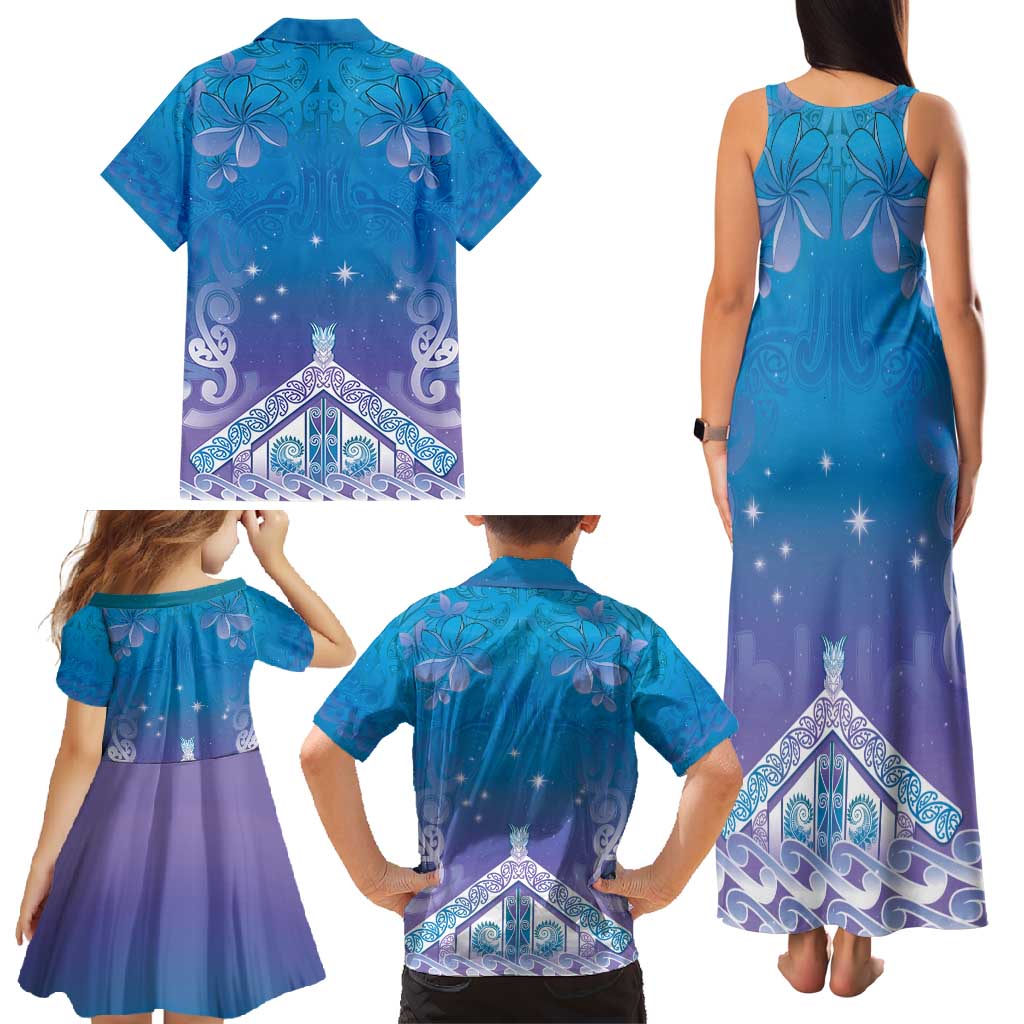 New Zealand Matariki Family Matching Tank Maxi Dress and Hawaiian Shirt Maori Marae Cyan Galaxy