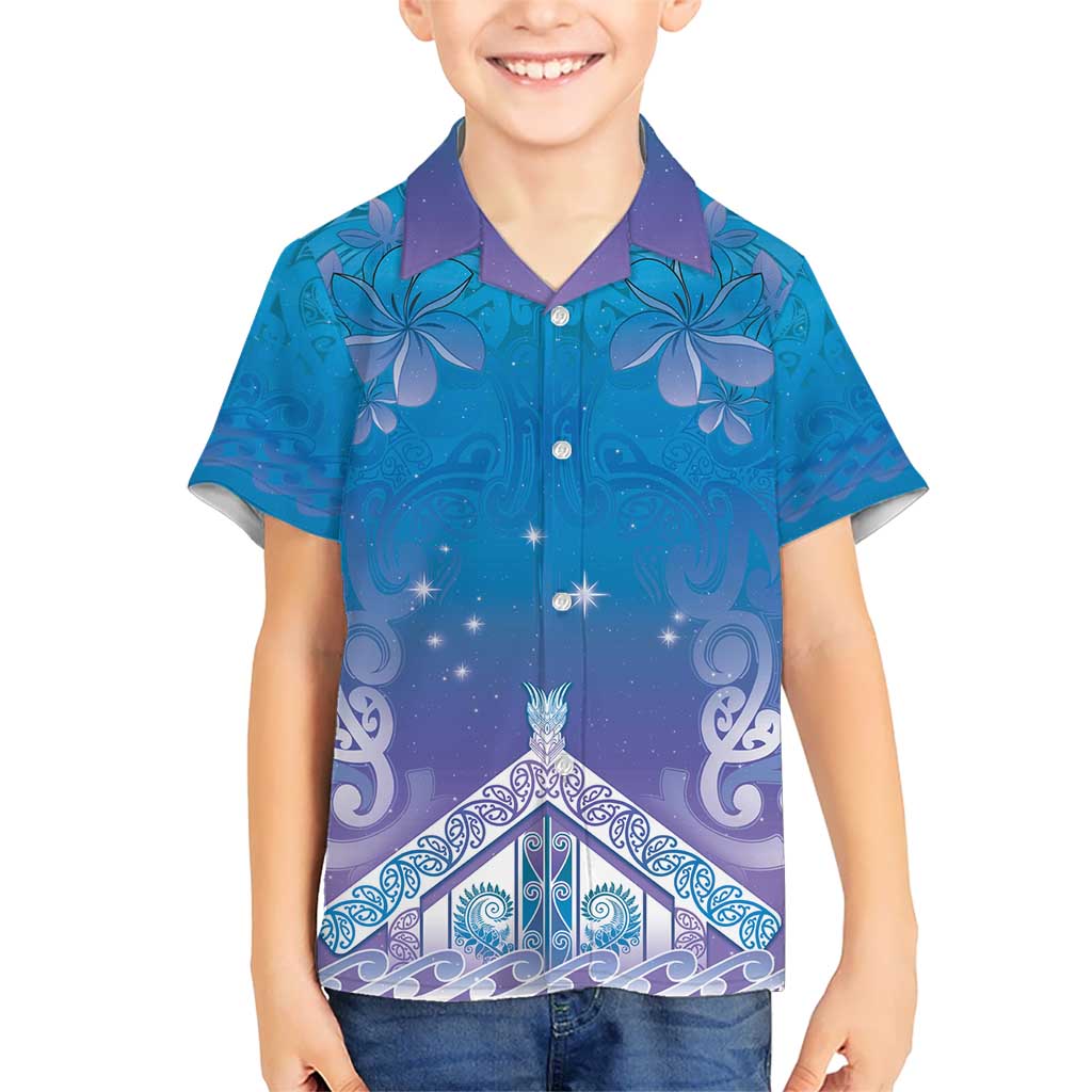 New Zealand Matariki Kid Hawaiian Shirt Maori Marae Cyan Galaxy