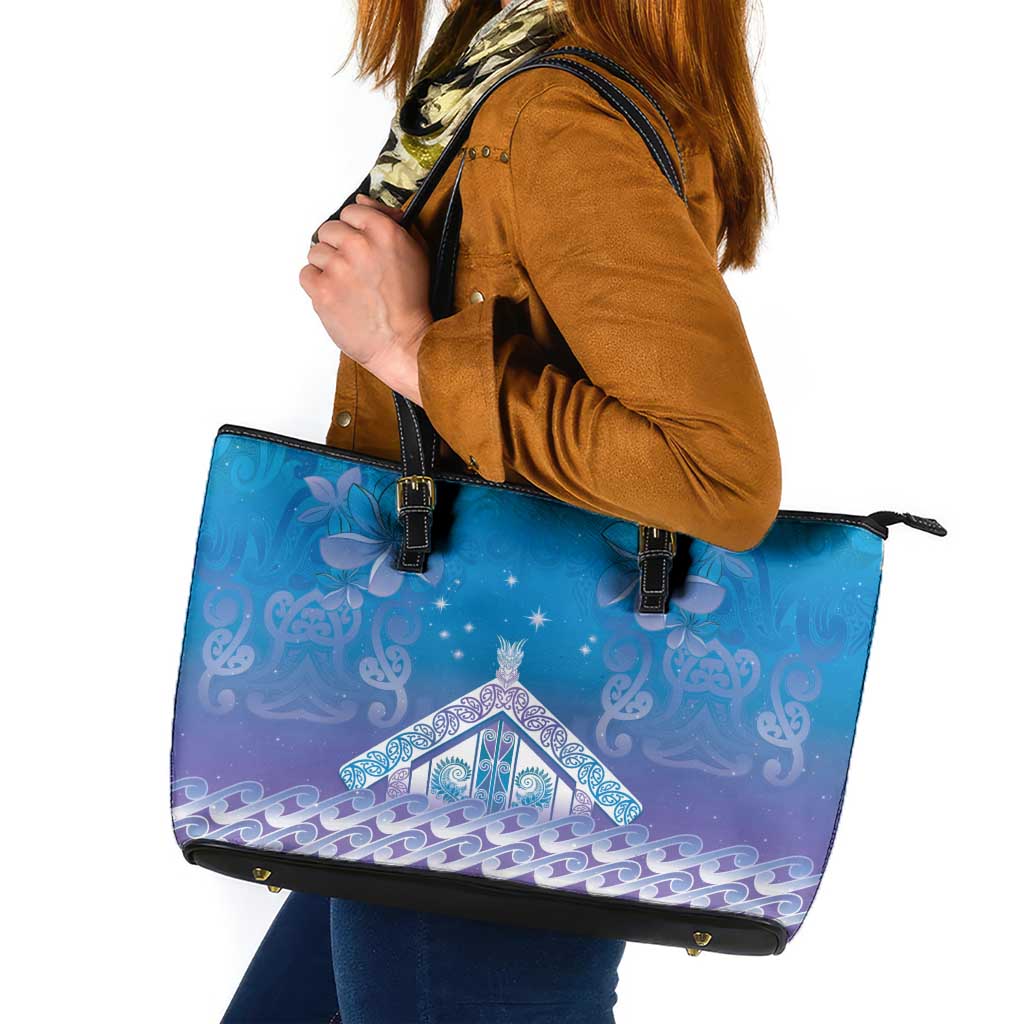 New Zealand Matariki Leather Tote Bag Maori Marae Cyan Galaxy