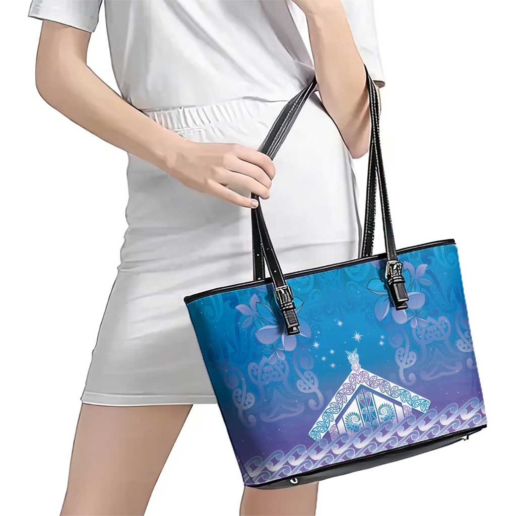 New Zealand Matariki Leather Tote Bag Maori Marae Cyan Galaxy