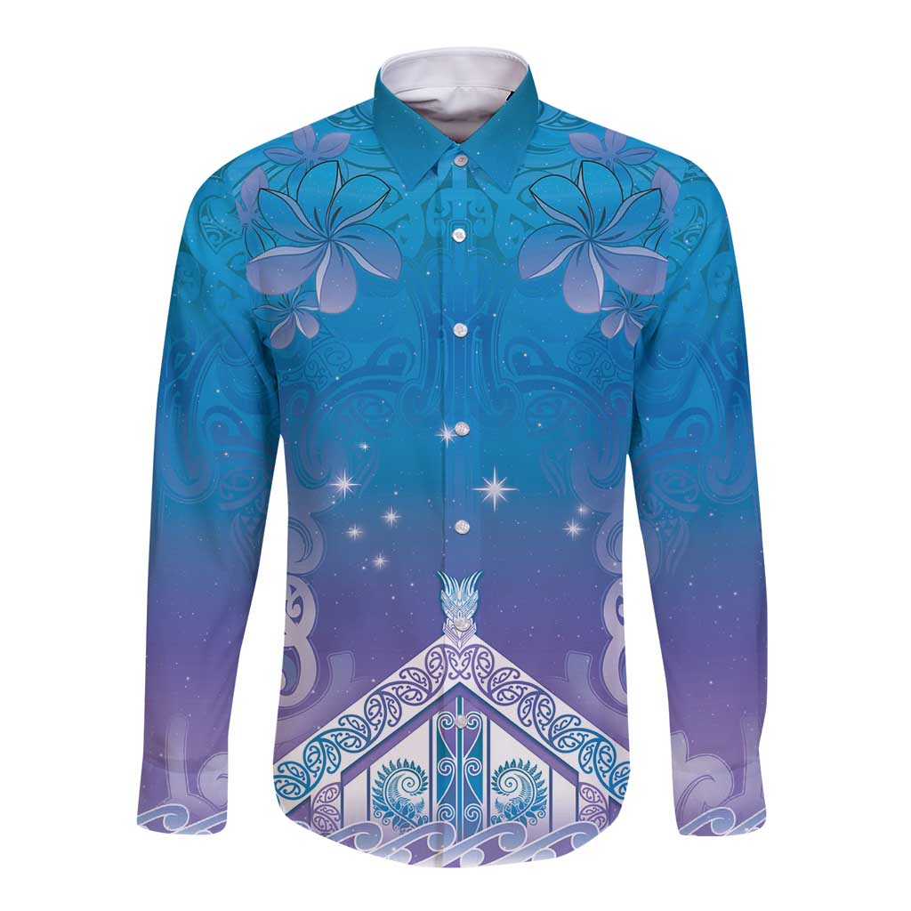 New Zealand Matariki Long Sleeve Button Shirt Maori Marae Cyan Galaxy