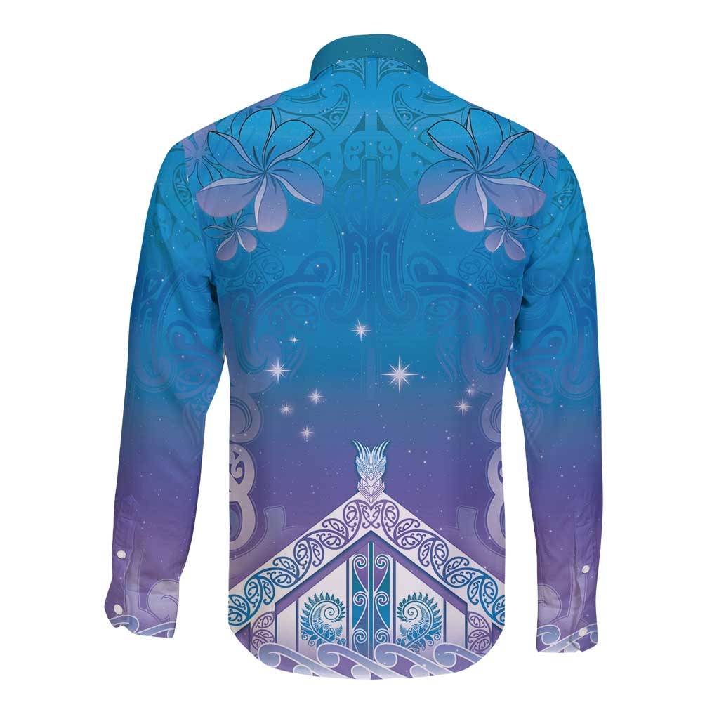 New Zealand Matariki Long Sleeve Button Shirt Maori Marae Cyan Galaxy