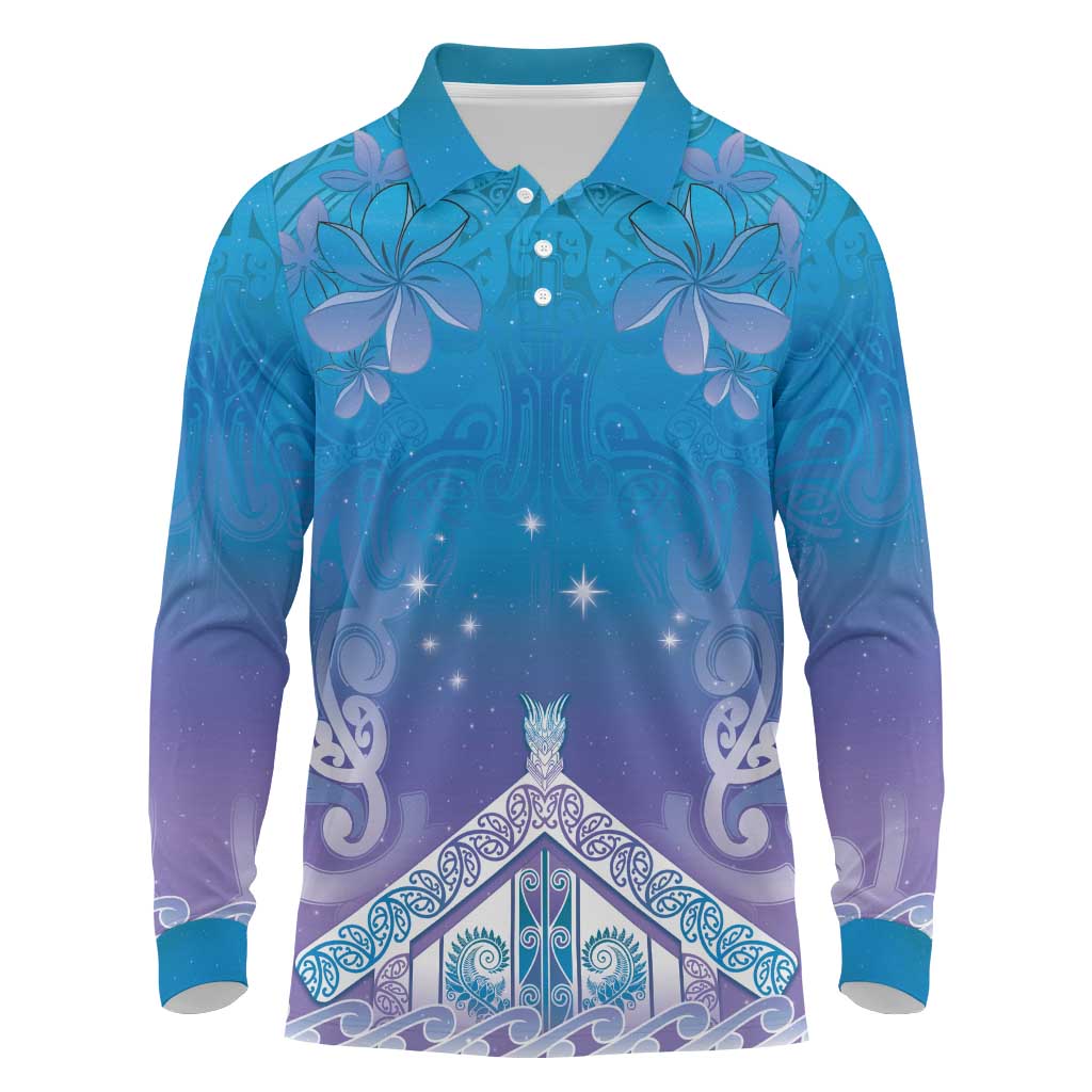 New Zealand Matariki Long Sleeve Polo Shirt Maori Marae Cyan Galaxy
