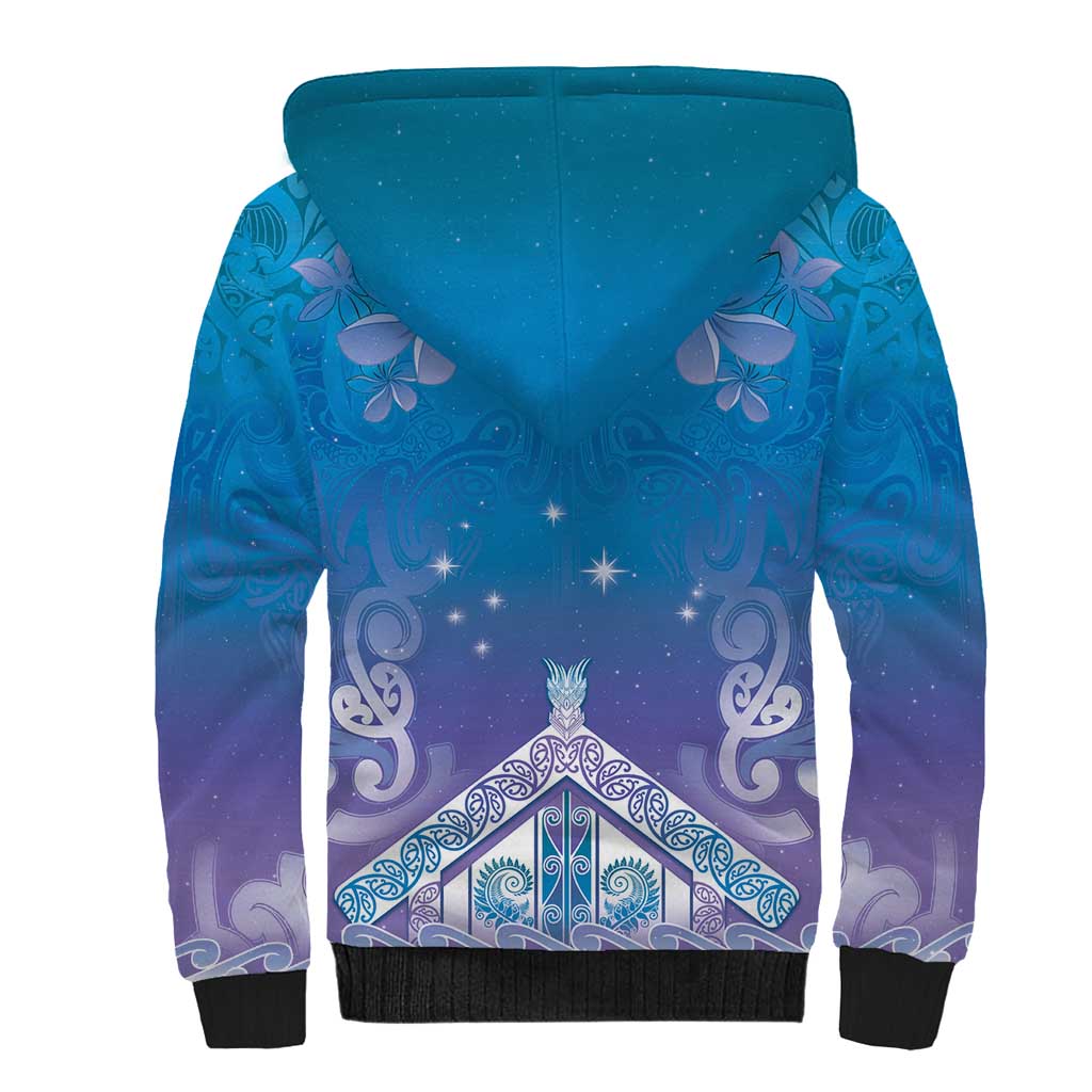 New Zealand Matariki Sherpa Hoodie Maori Marae Cyan Galaxy