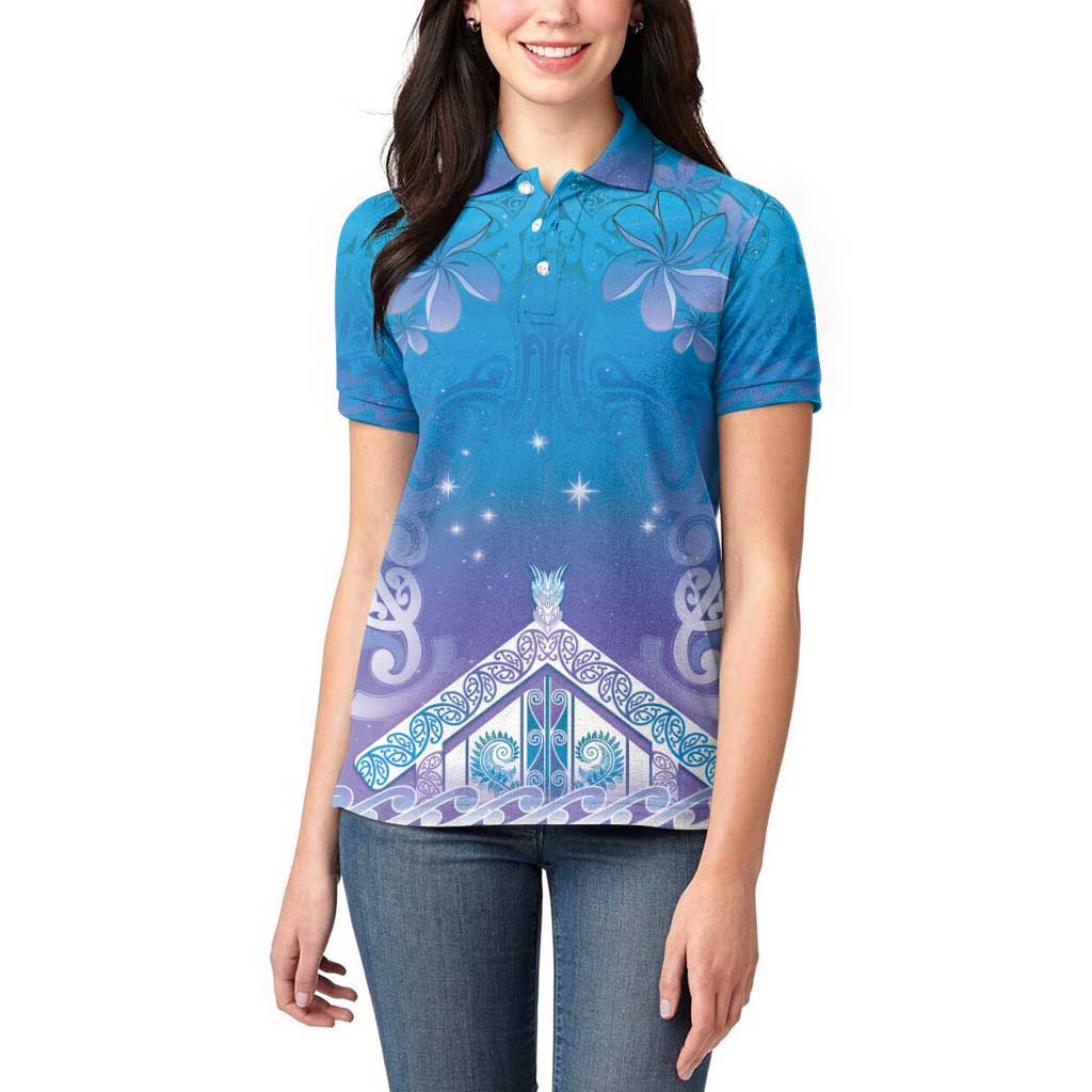 New Zealand Matariki Women Polo Shirt Maori Marae Cyan Galaxy