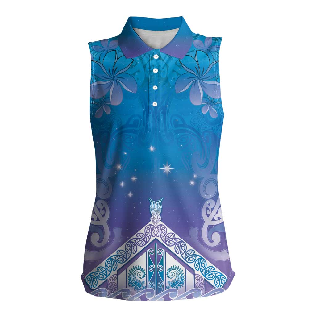 New Zealand Matariki Women Sleeveless Polo Shirt Maori Marae Cyan Galaxy