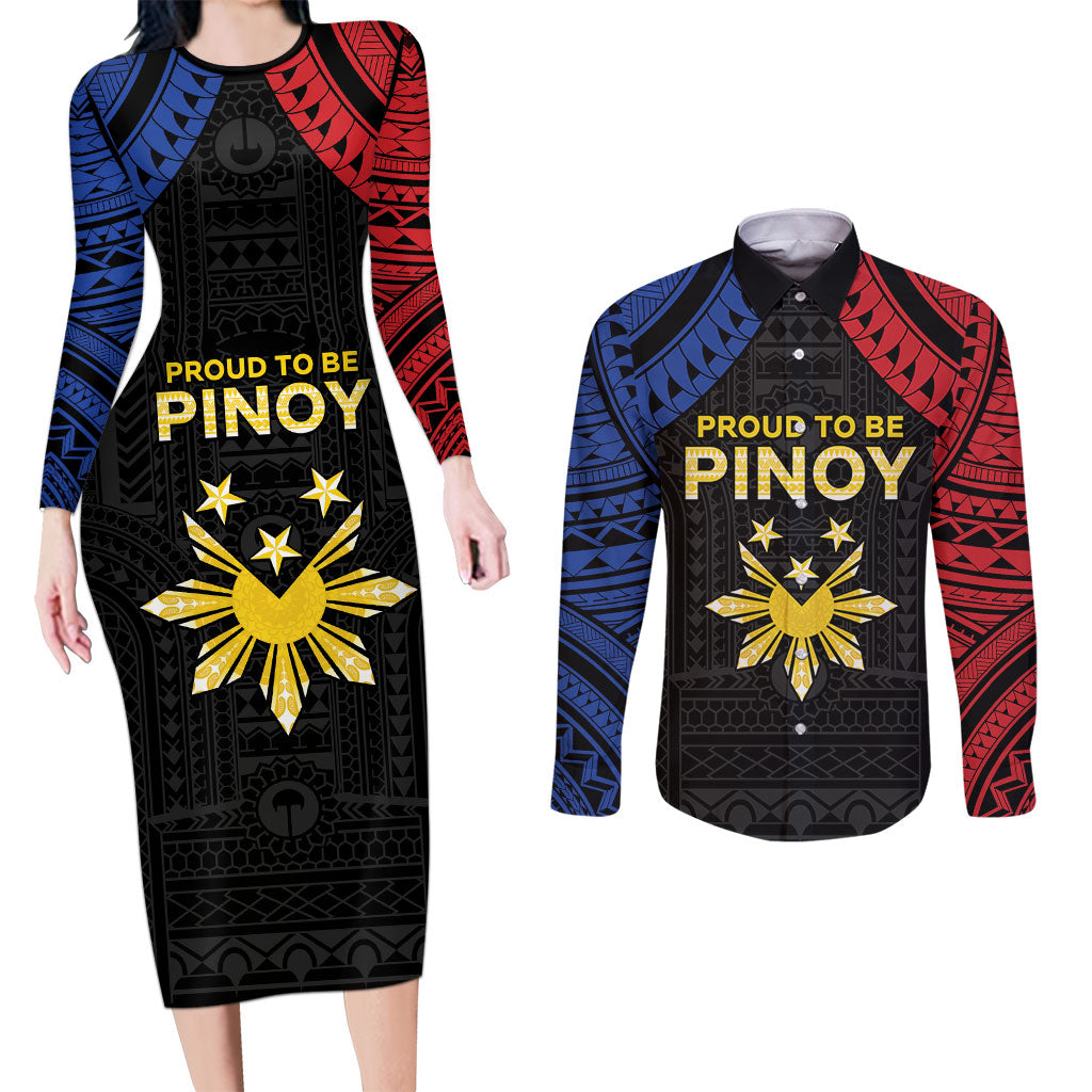 Philippines Independence Day Couples Matching Long Sleeve Bodycon Dress and Long Sleeve Button Shirt Proud To Be Pinoy