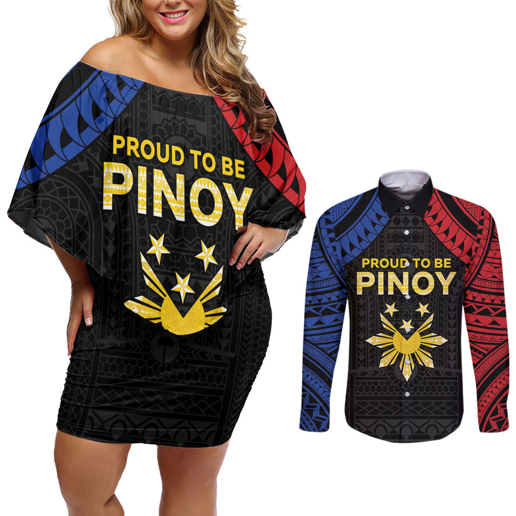 Philippines Independence Day Couples Matching Off Shoulder Short Dress and Long Sleeve Button Shirt Proud To Be Pinoy