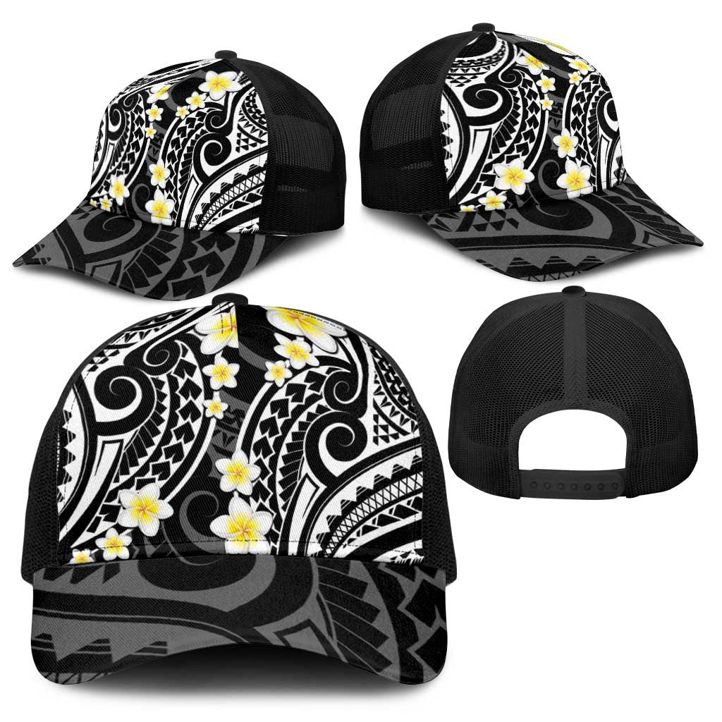 Plumeria With Black Polynesian Tattoo Pattern Baseball Net Cap - Polynesian Pride