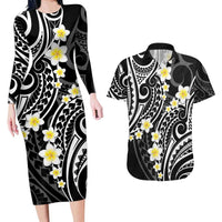 Plumeria With Black Polynesian Tattoo Pattern Couples Matching Long Sleeve Bodycon Dress and Hawaiian Shirt