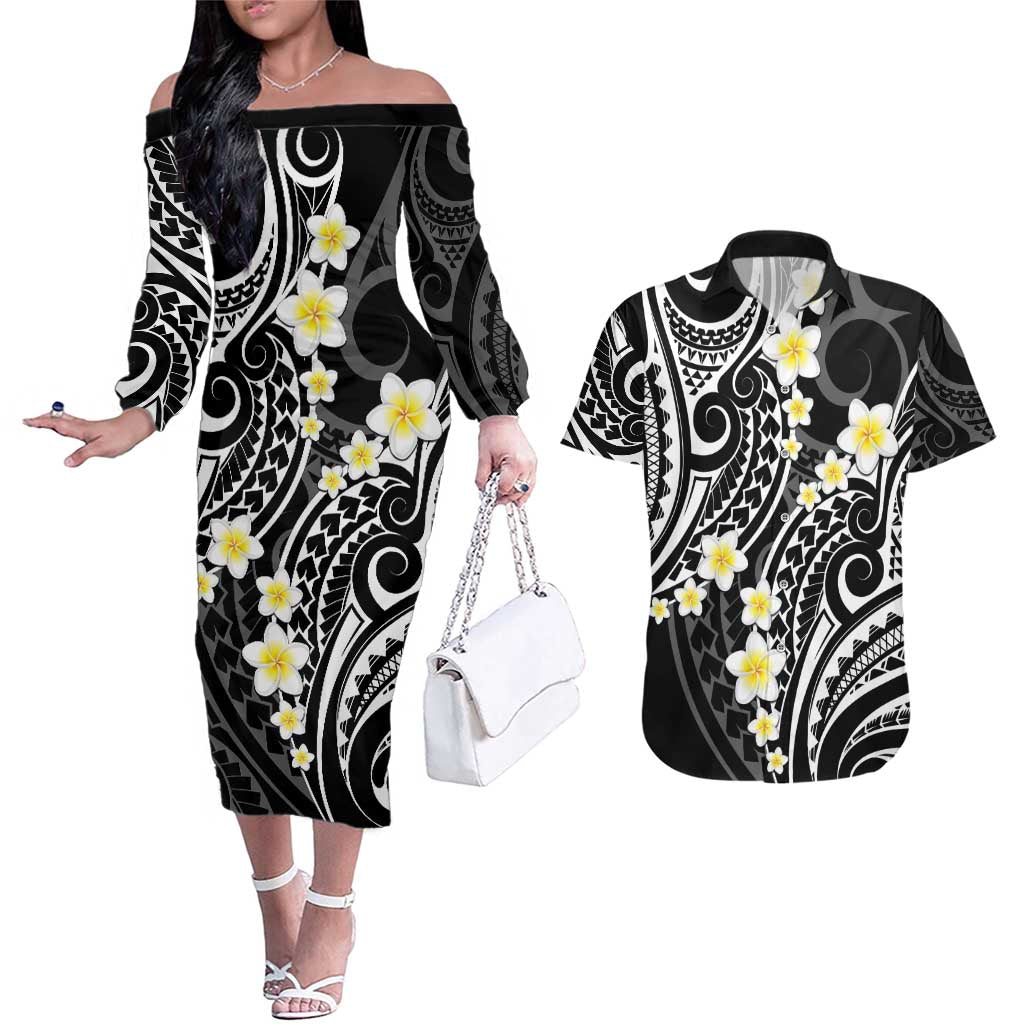 Plumeria With Black Polynesian Tattoo Pattern Couples Matching Off The Shoulder Long Sleeve Dress and Hawaiian Shirt LT05 Black - Polynesian Pride